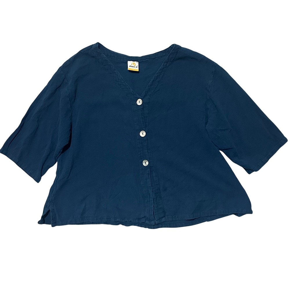 ABACÁ Button Down Short Sleeve V Neck Top Teal Cotton Women's Size 2‎